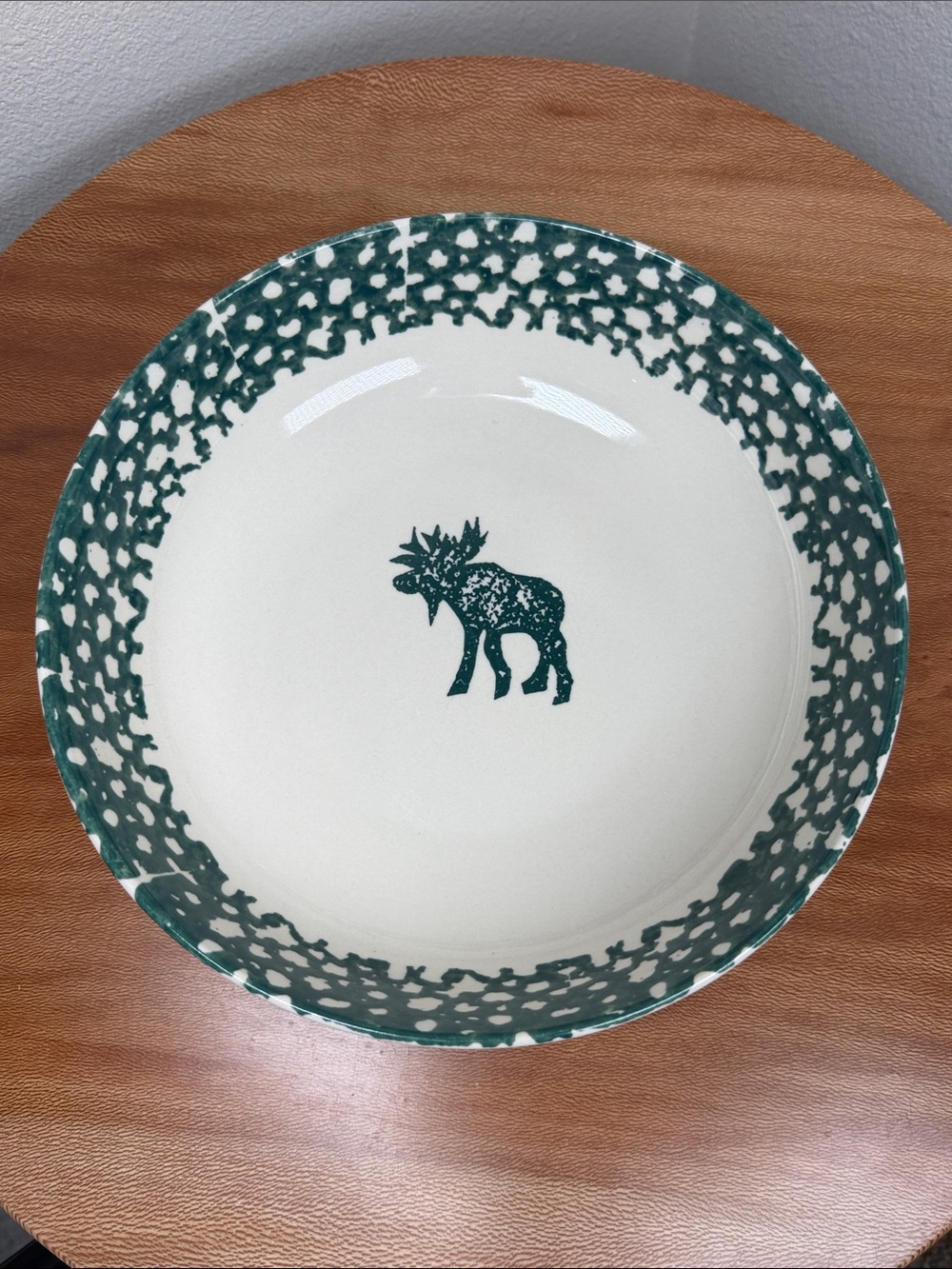 FOLK CRAFT MOOSE COUNTRY TIENSHAN GREEN SPONGEWARE 9” Serving Bowl Farmhouse